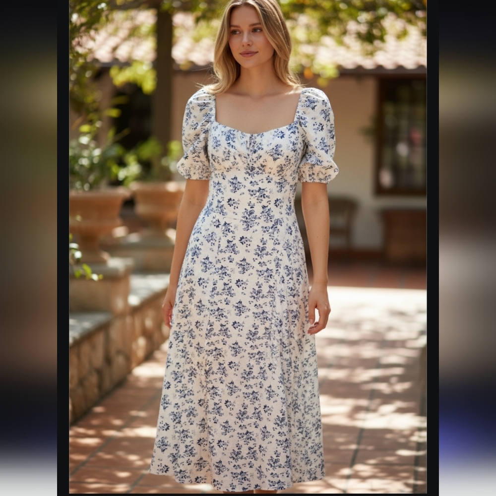Shein Women's Floral Blue and White Long Dress Size-M